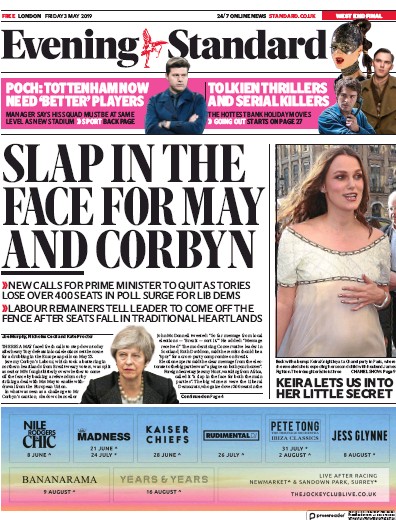 London Evening Standard Newspaper Front Page for 6 May 2019