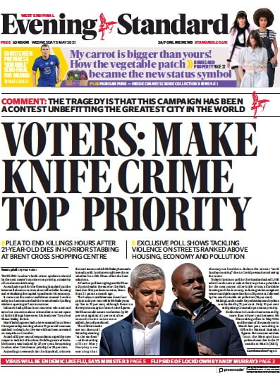 London Evening Standard Newspaper Front Page for 6 May 2021