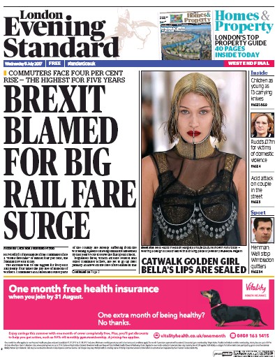 London Evening Standard Newspaper Front Page for 6 July 2017