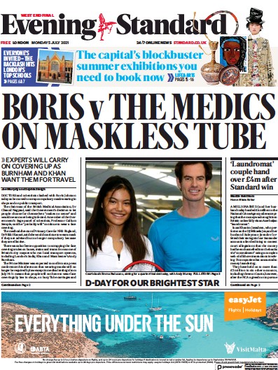 London Evening Standard (UK) Newspaper Front Page for 6 July 2021