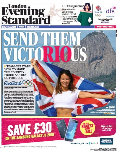 London Evening Standard Newspaper Front Page for 6 August 2016