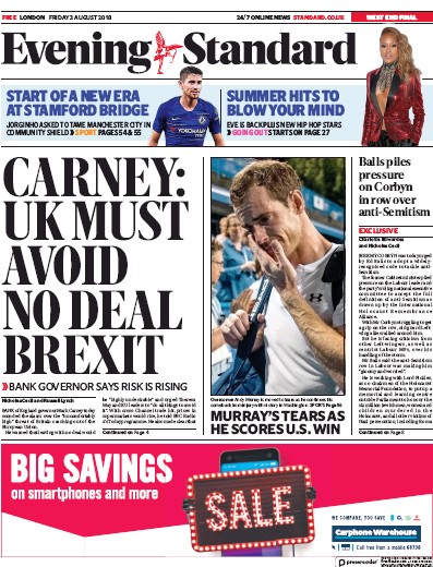 London Evening Standard Newspaper Front Page for 6 August 2018