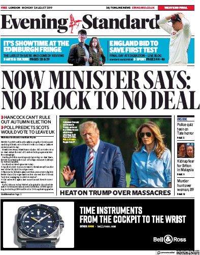 London Evening Standard Newspaper Front Page for 6 August 2019