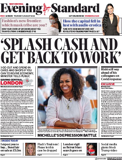 London Evening Standard (UK) Newspaper Front Page for 6 August 2020