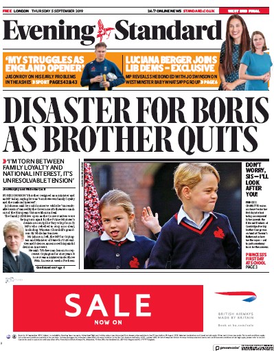 London Evening Standard (UK) Newspaper Front Page for 6 September 2019