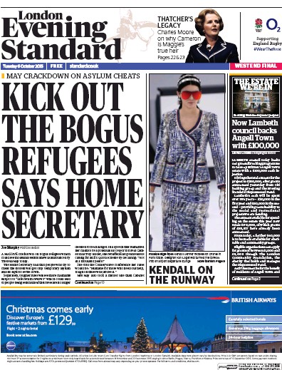 London Evening Standard Newspaper Front Page for 7 October 2015
