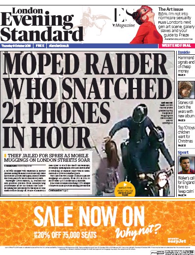 London Evening Standard Newspaper Front Page for 7 October 2016