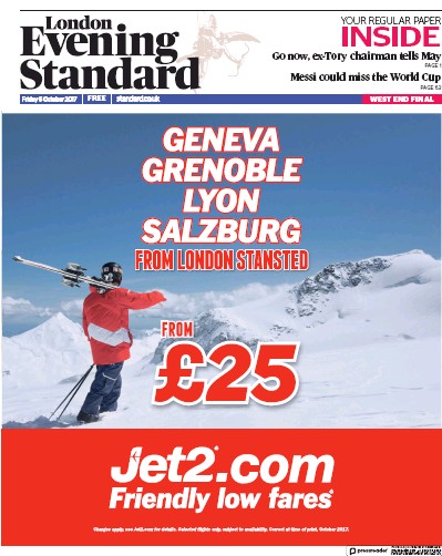 London Evening Standard Newspaper Front Page for 7 October 2017