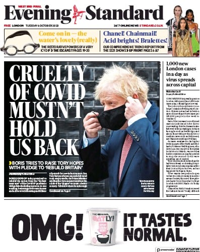 London Evening Standard Newspaper Front Page for 7 October 2020