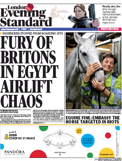London Evening Standard Newspaper Front Page for 7 November 2015