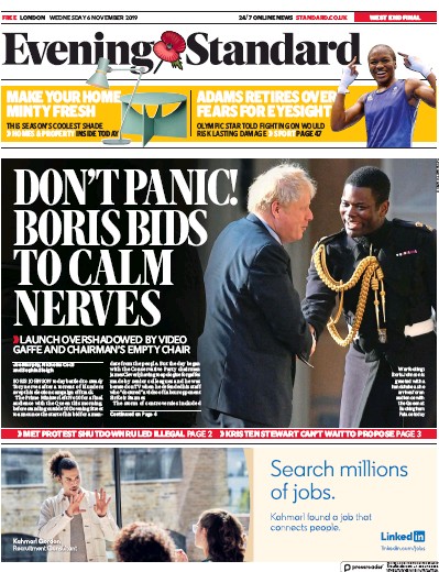 London Evening Standard Newspaper Front Page for 7 November 2019
