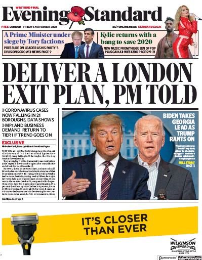 London Evening Standard Newspaper Front Page for 7 November 2020