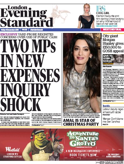 London Evening Standard (UK) Newspaper Front Page for 7 December 2015