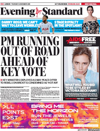 London Evening Standard Newspaper Front Page for 7 December 2018