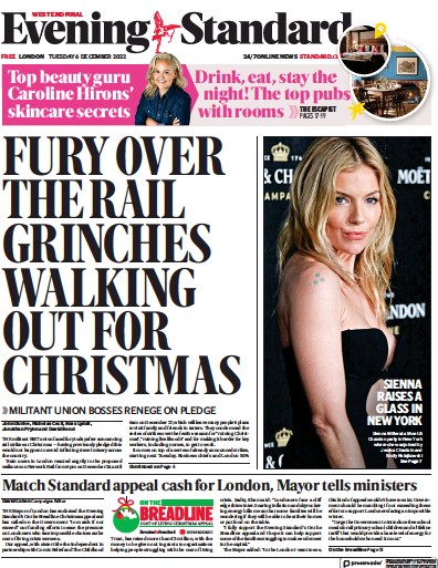 London Evening Standard Newspaper Front Page for 7 December 2022