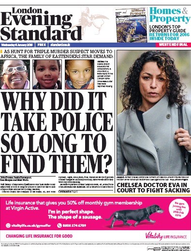 London Evening Standard Newspaper Front Page for 7 January 2016