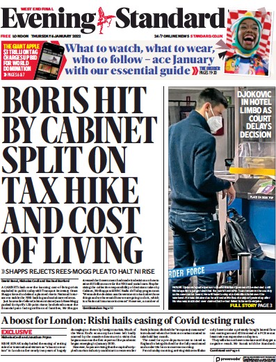 London Evening Standard (UK) Newspaper Front Page for 7 January 2022
