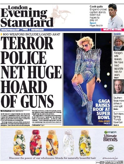 London Evening Standard Newspaper Front Page for 7 February 2017