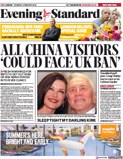 London Evening Standard Newspaper Front Page for 7 February 2020