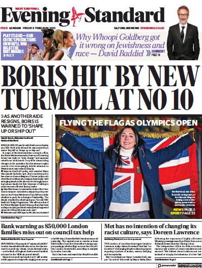 London Evening Standard Newspaper Front Page for 7 February 2022
