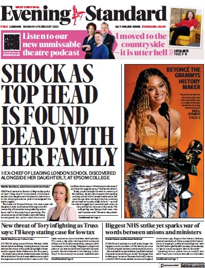 London Evening Standard (UK) Newspaper Front Page for 7 February 2023