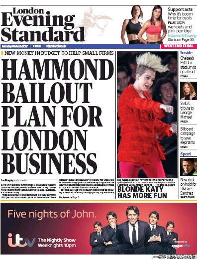 London Evening Standard Newspaper Front Page for 7 March 2017