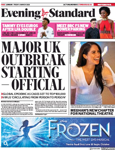 London Evening Standard (UK) Newspaper Front Page for 7 March 2020