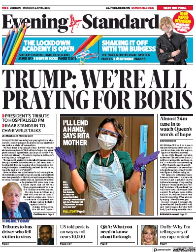 London Evening Standard Newspaper Front Page for 7 April 2020