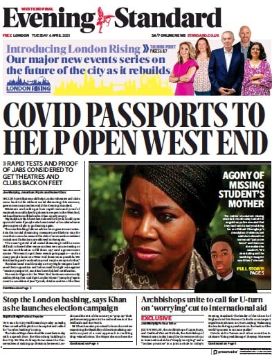 London Evening Standard (UK) Newspaper Front Page for 7 April 2021