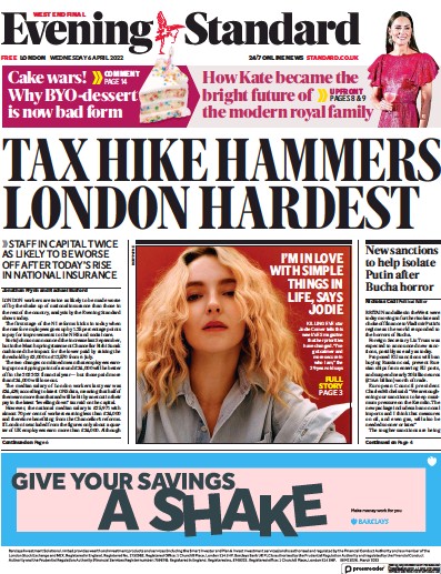 London Evening Standard Newspaper Front Page for 7 April 2022