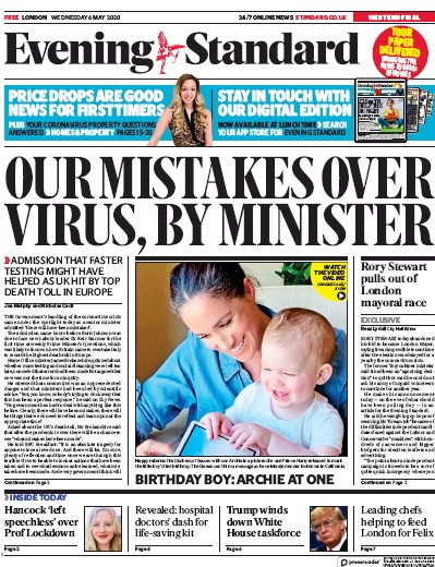 London Evening Standard Newspaper Front Page for 7 May 2020