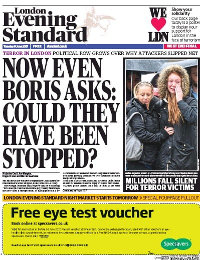 London Evening Standard Newspaper Front Page for 7 June 2017