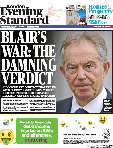 London Evening Standard Newspaper Front Page for 7 July 2016
