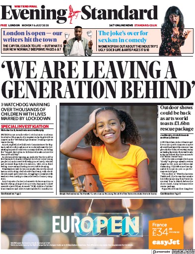 London Evening Standard Newspaper Front Page for 7 July 2020