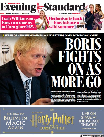 London Evening Standard (UK) Newspaper Front Page for 7 July 2022