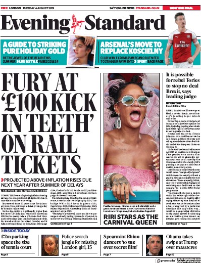 London Evening Standard Newspaper Front Page for 7 August 2019