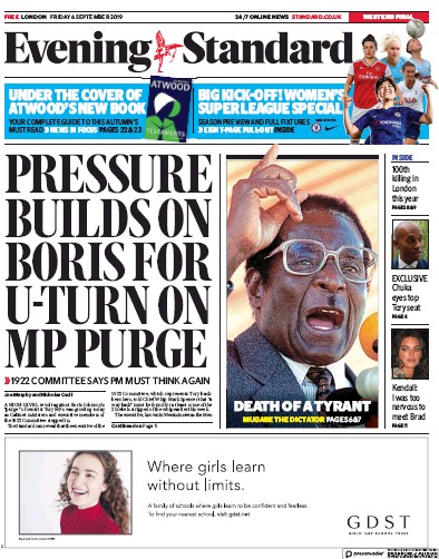 London Evening Standard Newspaper Front Page for 7 September 2019