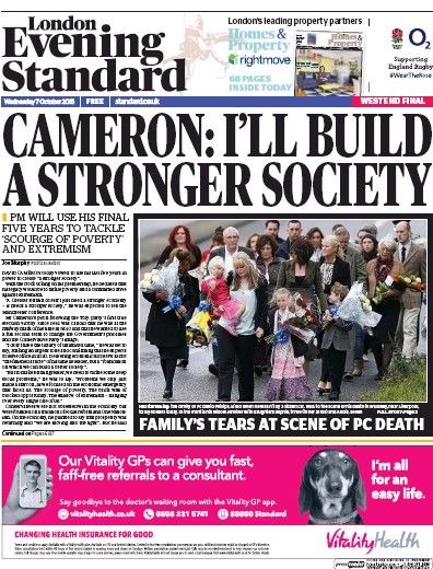 London Evening Standard Newspaper Front Page for 8 October 2015