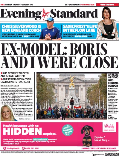 London Evening Standard Newspaper Front Page for 8 October 2019