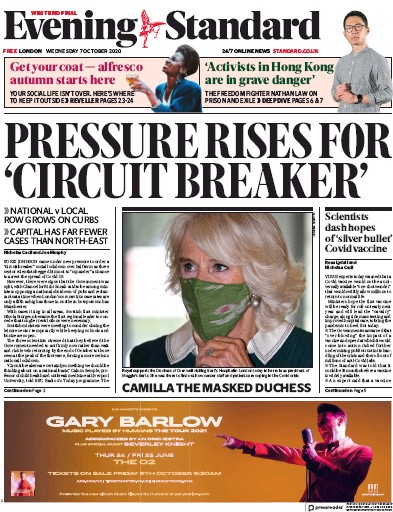 London Evening Standard Newspaper Front Page for 8 October 2020