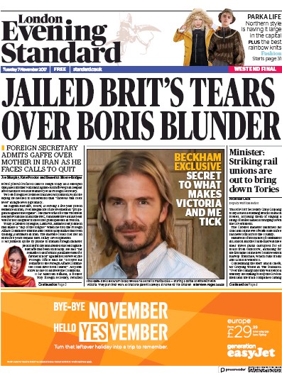 London Evening Standard Newspaper Front Page for 8 November 2017