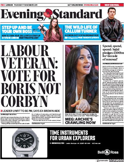 London Evening Standard Newspaper Front Page for 8 November 2019