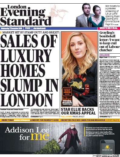 London Evening Standard Newspaper Front Page for 8 December 2016