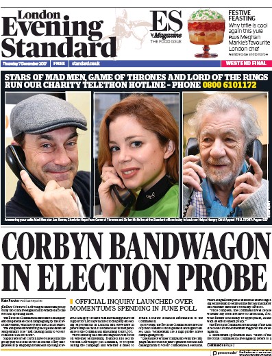 London Evening Standard Newspaper Front Page for 8 December 2017