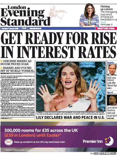 London Evening Standard Newspaper Front Page for 8 January 2016