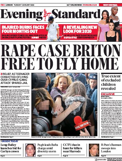 London Evening Standard Newspaper Front Page for 8 January 2020