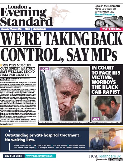 London Evening Standard Newspaper Front Page for 8 February 2018