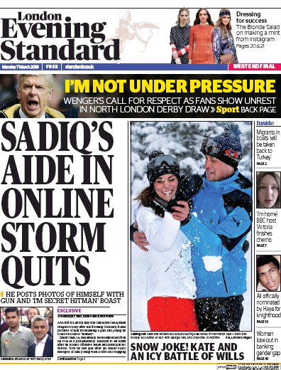 London Evening Standard (UK) Newspaper Front Page for 8 March 2016