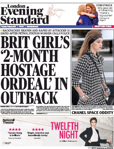 London Evening Standard Newspaper Front Page for 8 March 2017