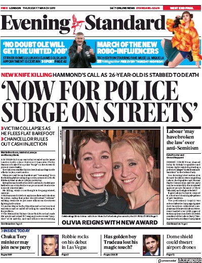 London Evening Standard Newspaper Front Page for 8 March 2019